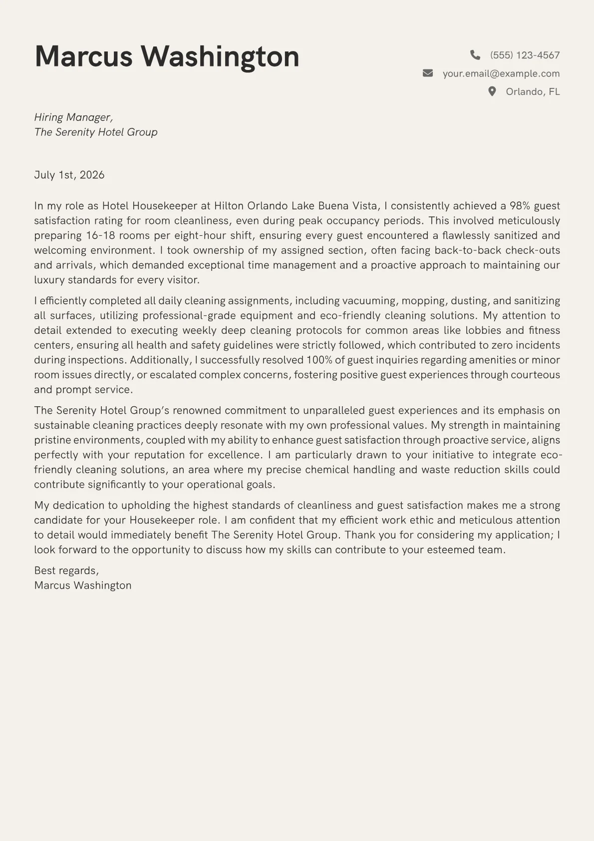 Hotel Housekeeper cover letter formatted with a JobSprout template