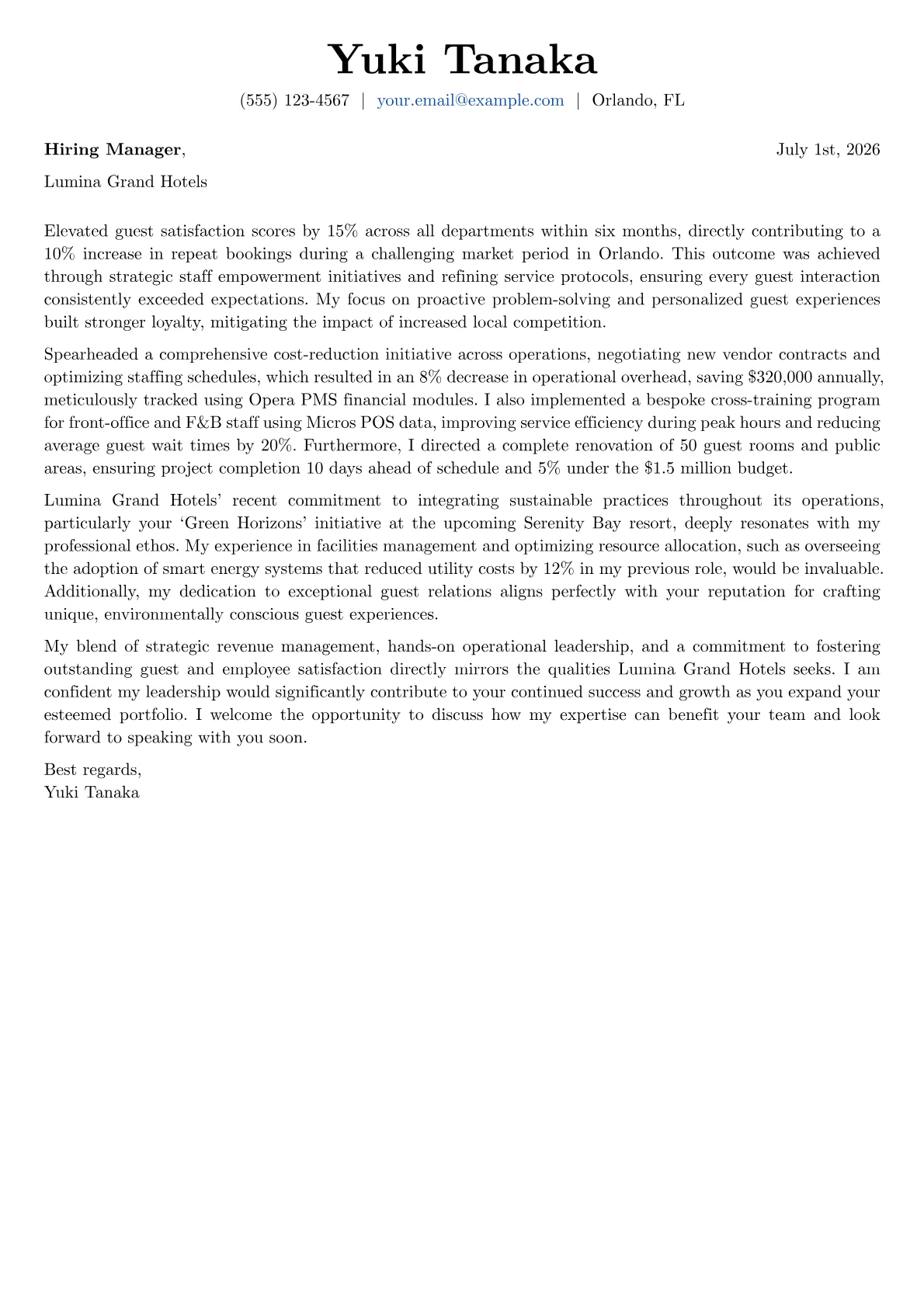 Hotel Manager cover letter formatted with a JobSprout template