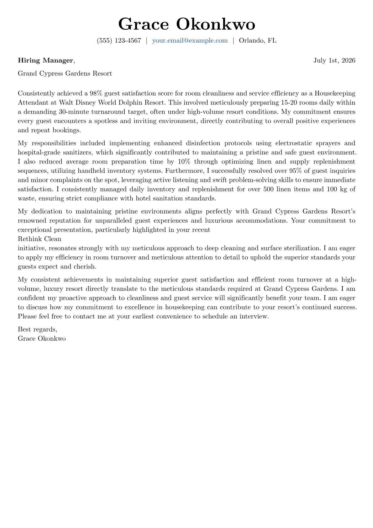 Housekeeping Attendant cover letter formatted with a JobSprout template