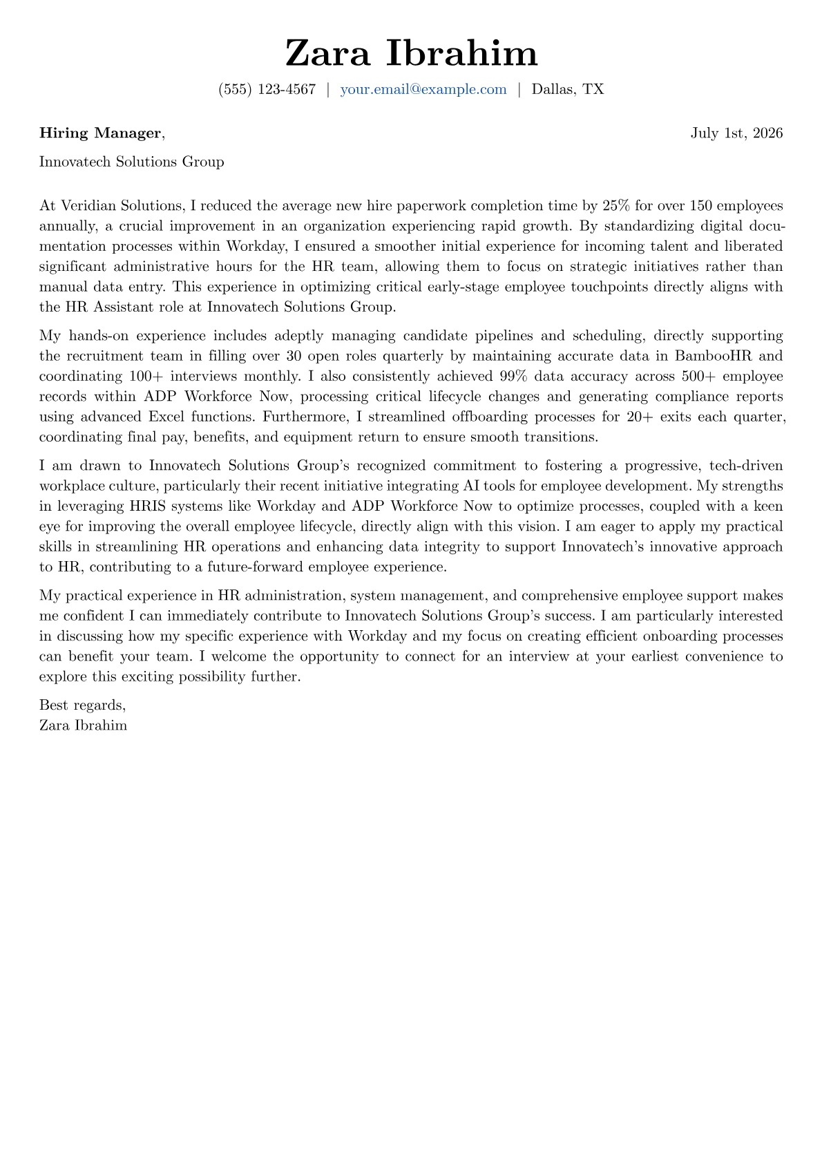HR Assistant cover letter formatted with a JobSprout template