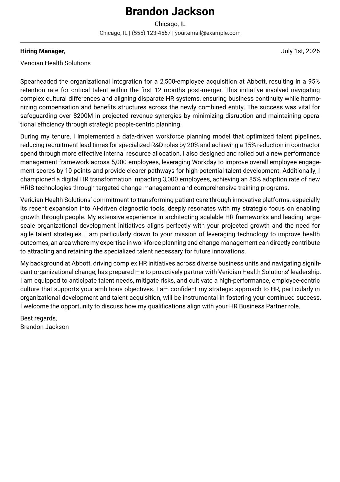 HR Business Partner cover letter formatted with a JobSprout template