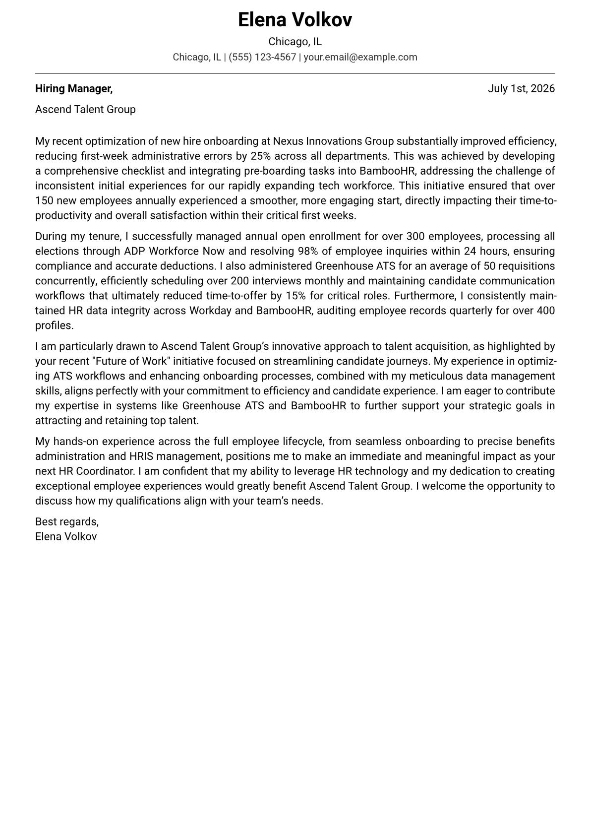 HR Coordinator cover letter formatted with a JobSprout template