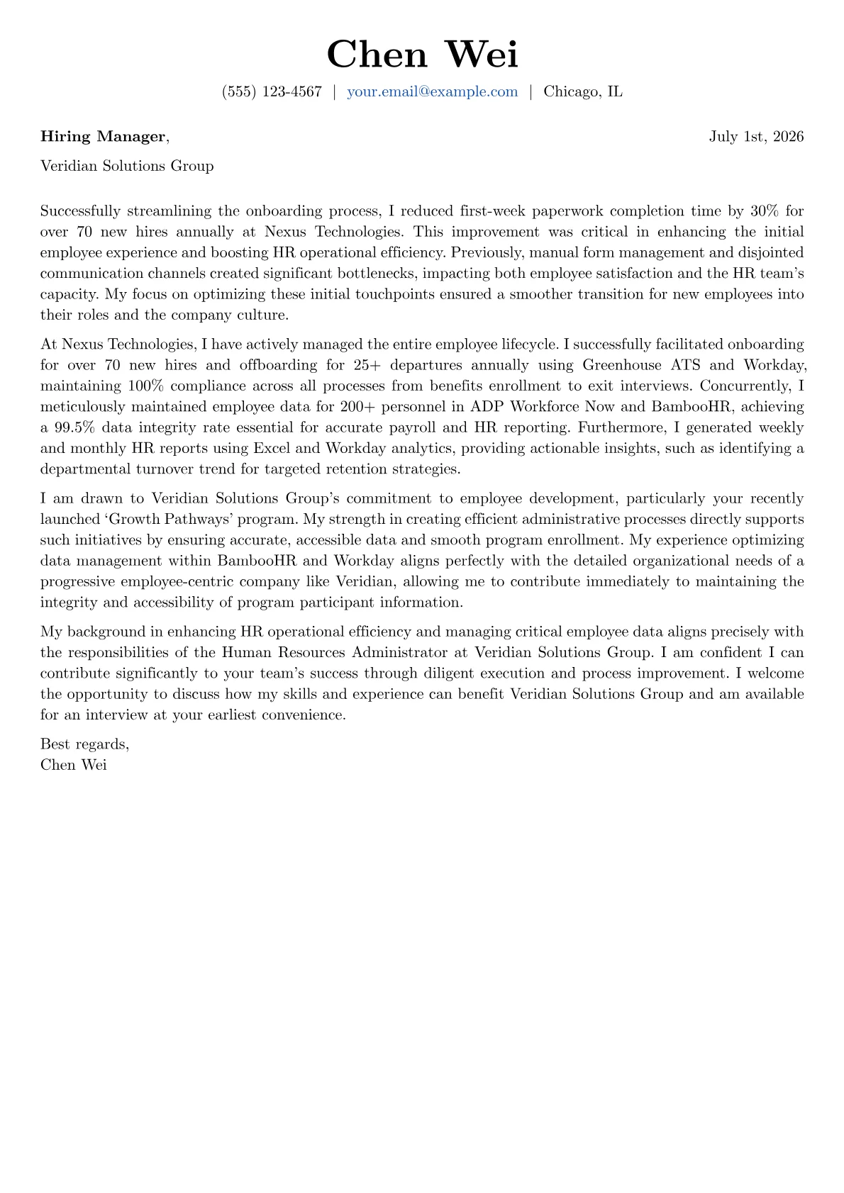 Human Resources Administrator cover letter formatted with a JobSprout template