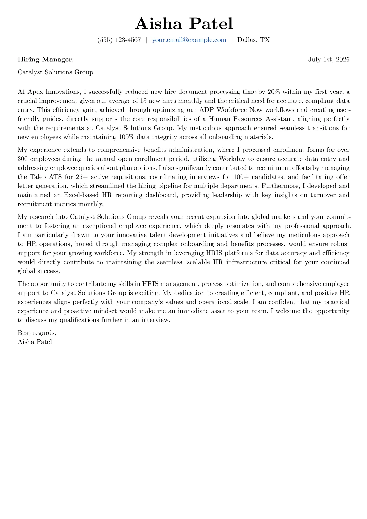 Human Resources Assistant cover letter formatted with a JobSprout template