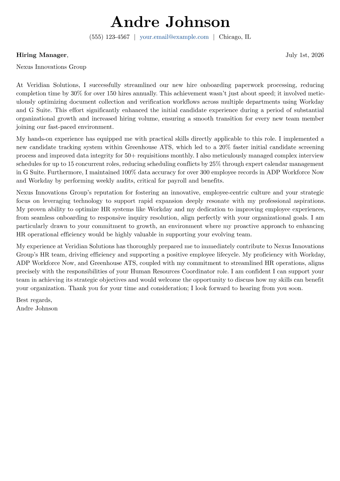 Human Resources Coordinator cover letter formatted with a JobSprout template