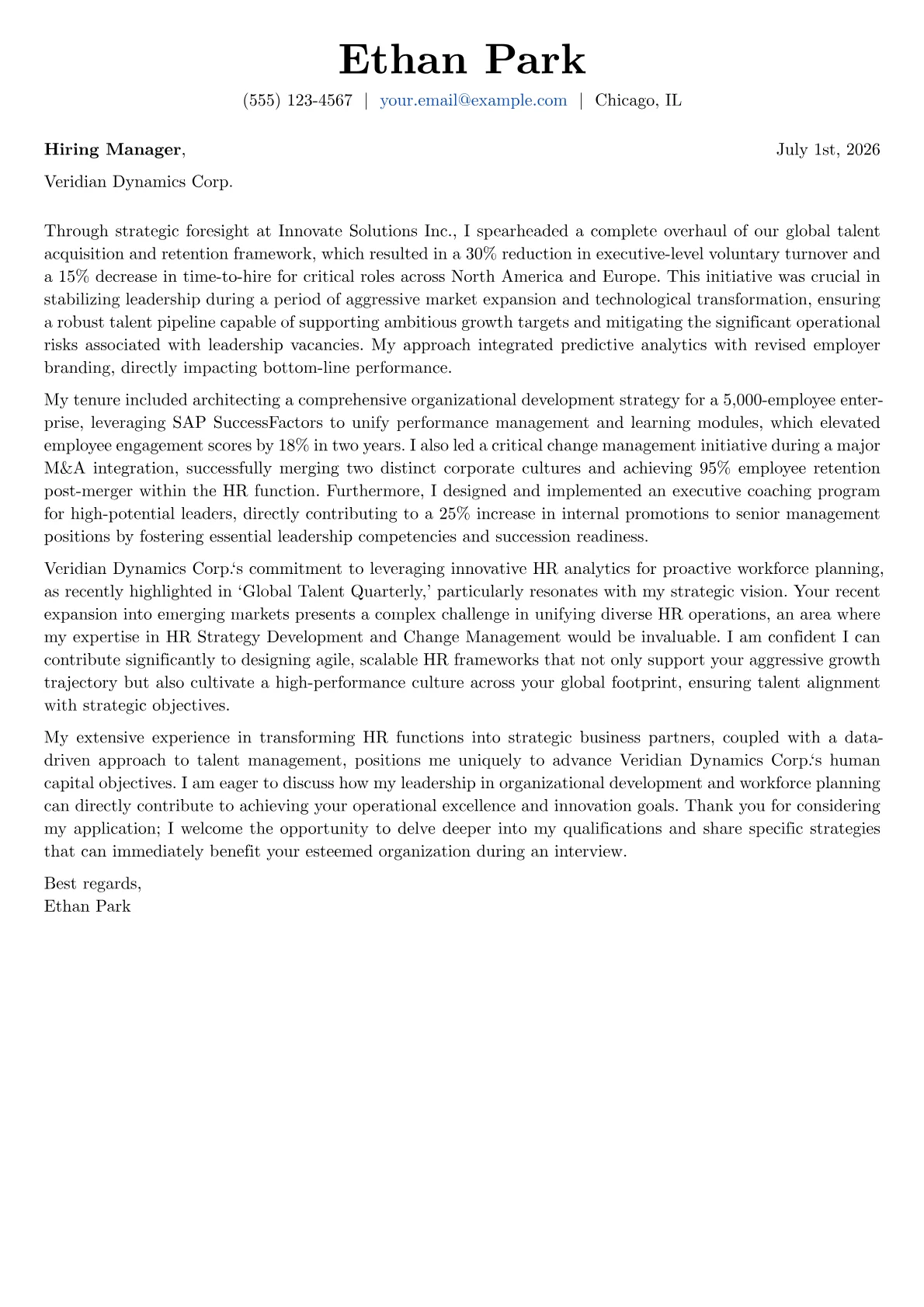 Human Resources Executive cover letter formatted with a JobSprout template