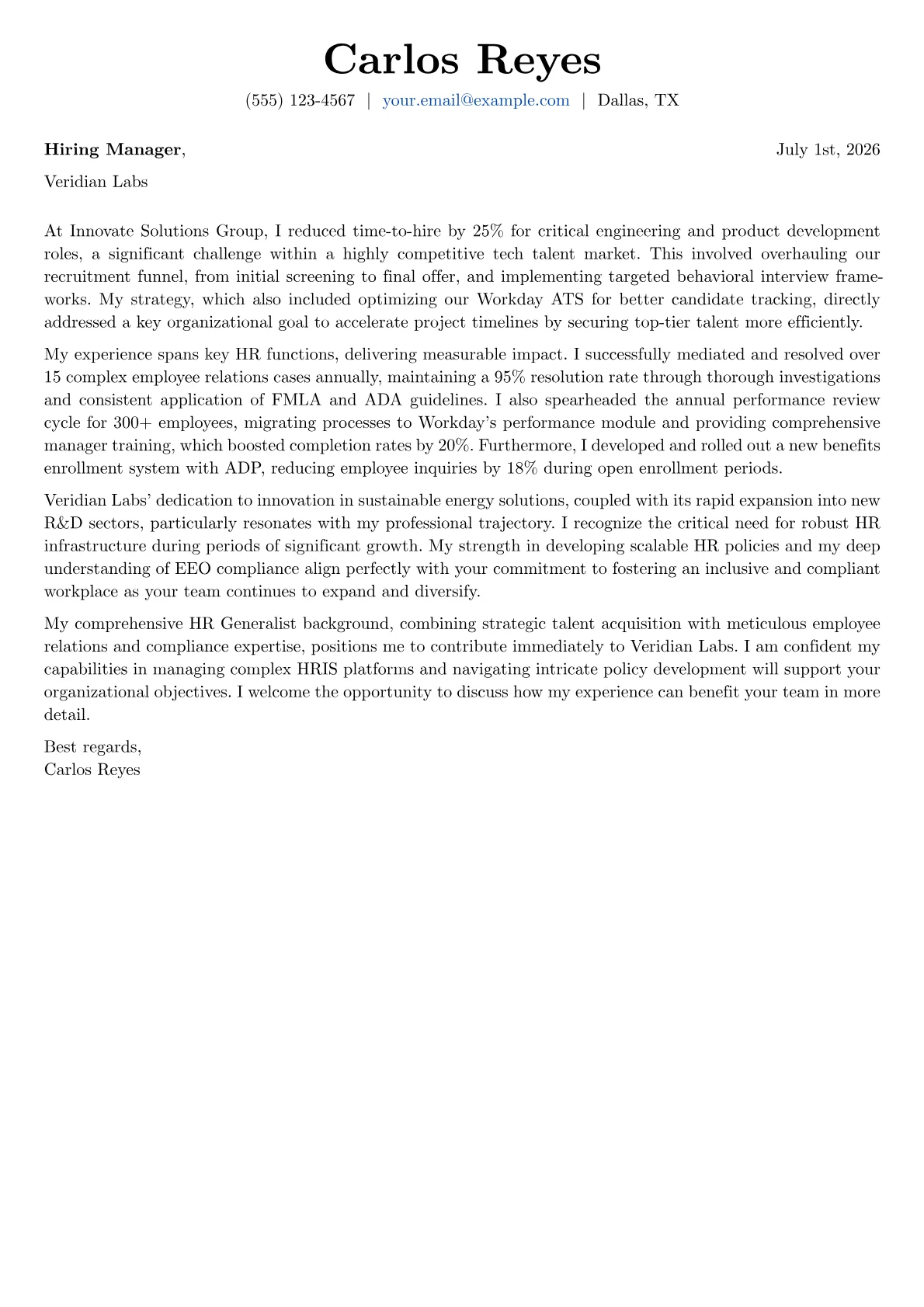 Human Resources Generalist cover letter formatted with a JobSprout template