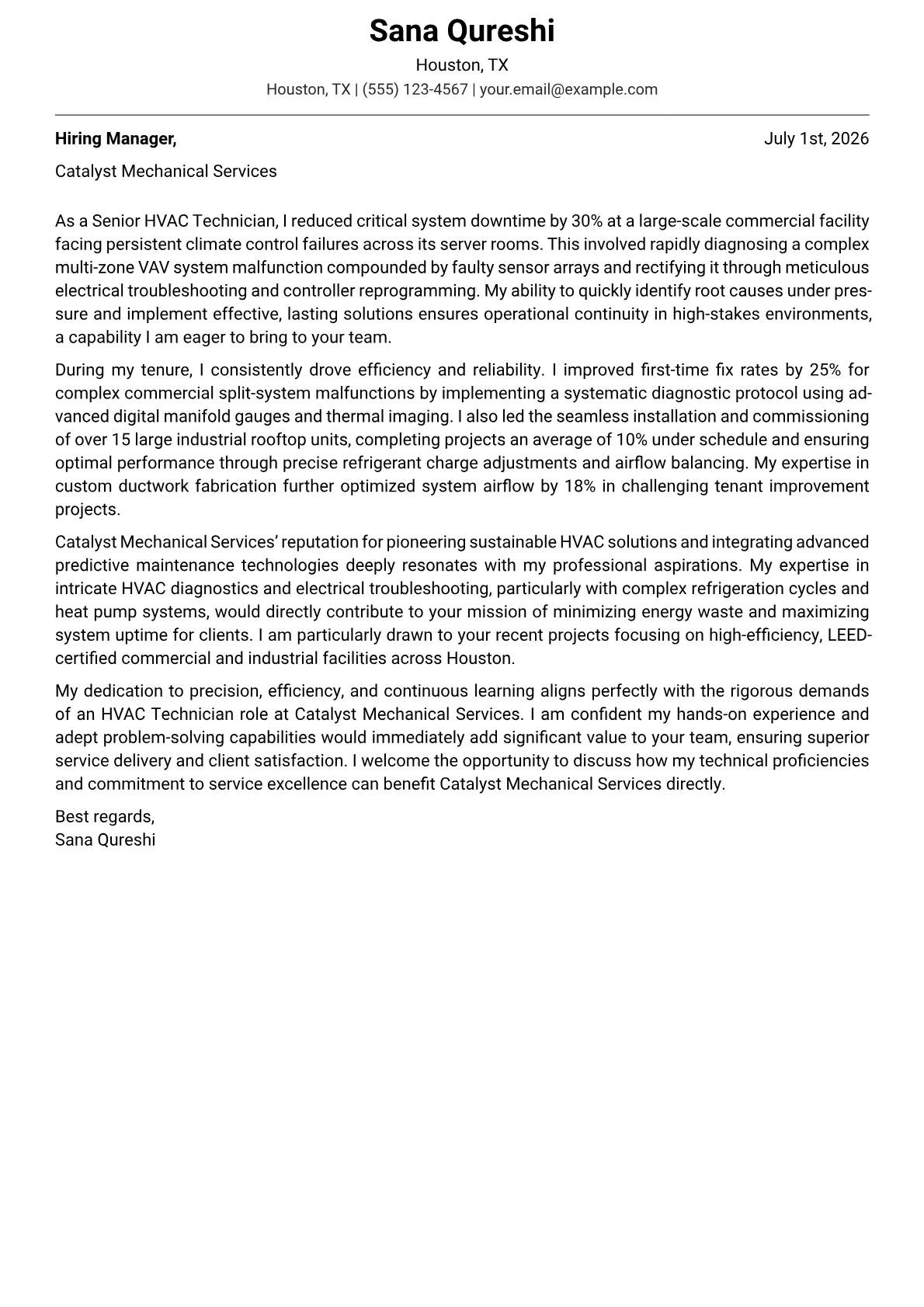 HVAC Technician cover letter formatted with a JobSprout template