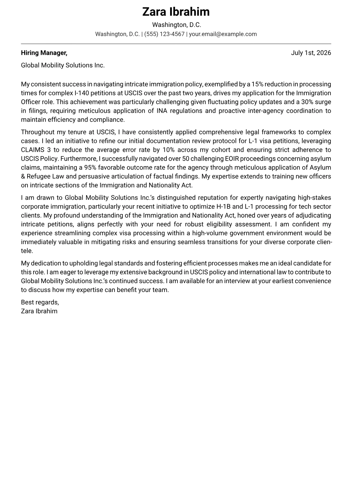 Immigration Officer cover letter formatted with a JobSprout template