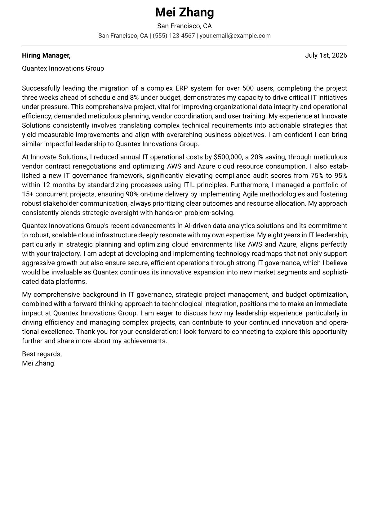 Information Technology Manager cover letter formatted with a JobSprout template