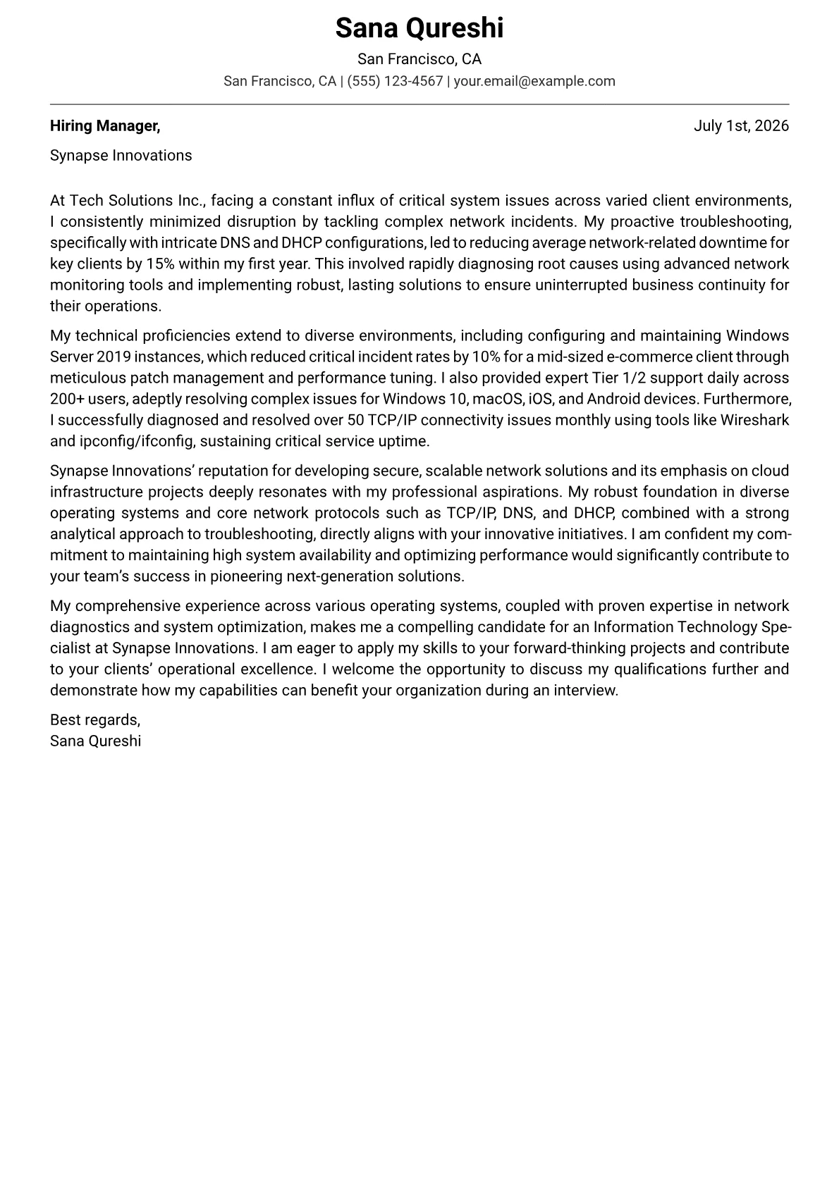 Information Technology Specialist cover letter formatted with a JobSprout template