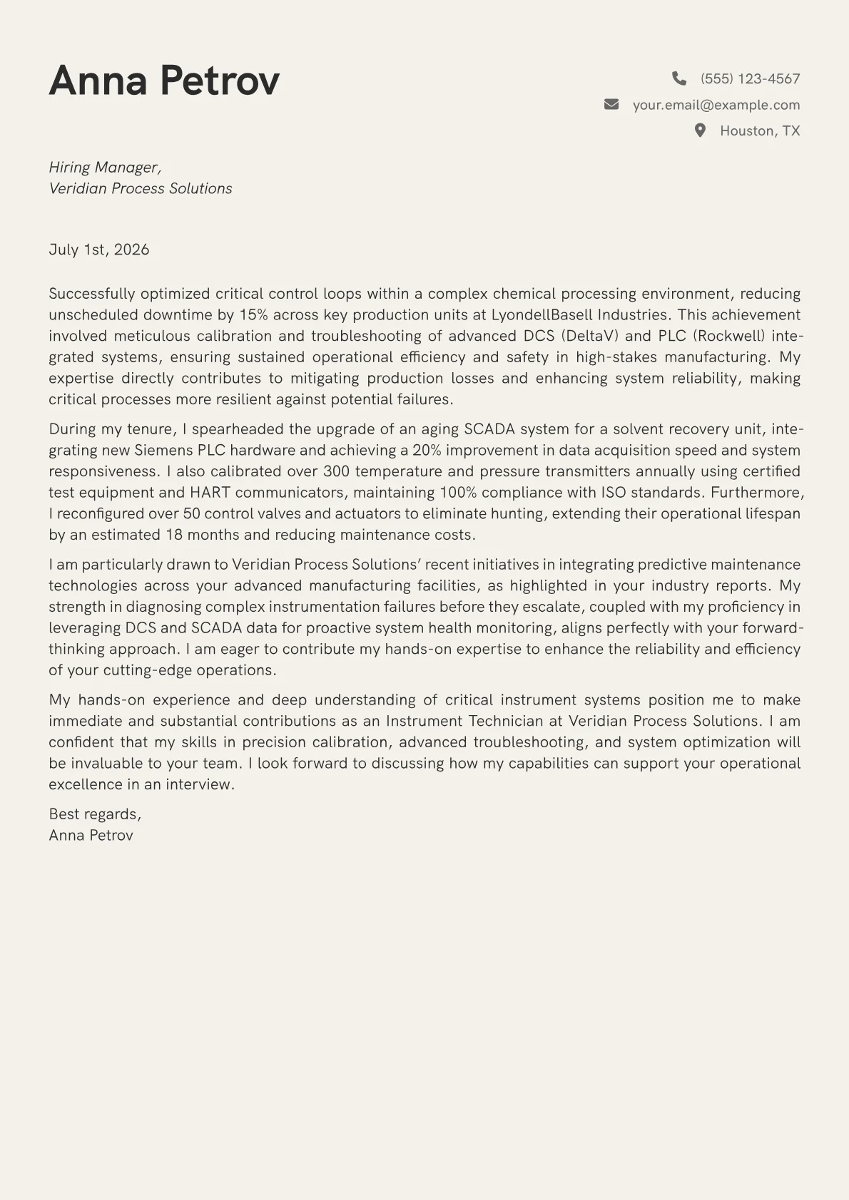 Instrument Technician cover letter formatted with a JobSprout template