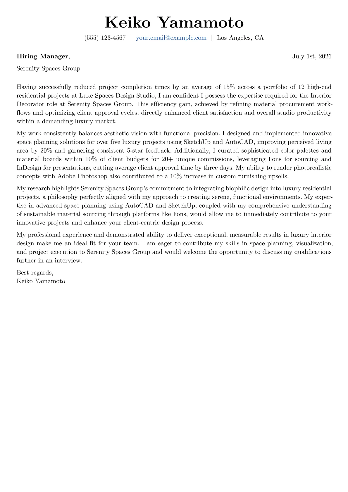 Interior Decorator cover letter formatted with a JobSprout template