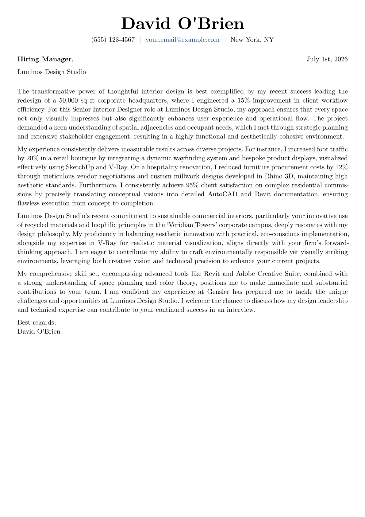 Interior Designer cover letter formatted with a JobSprout template