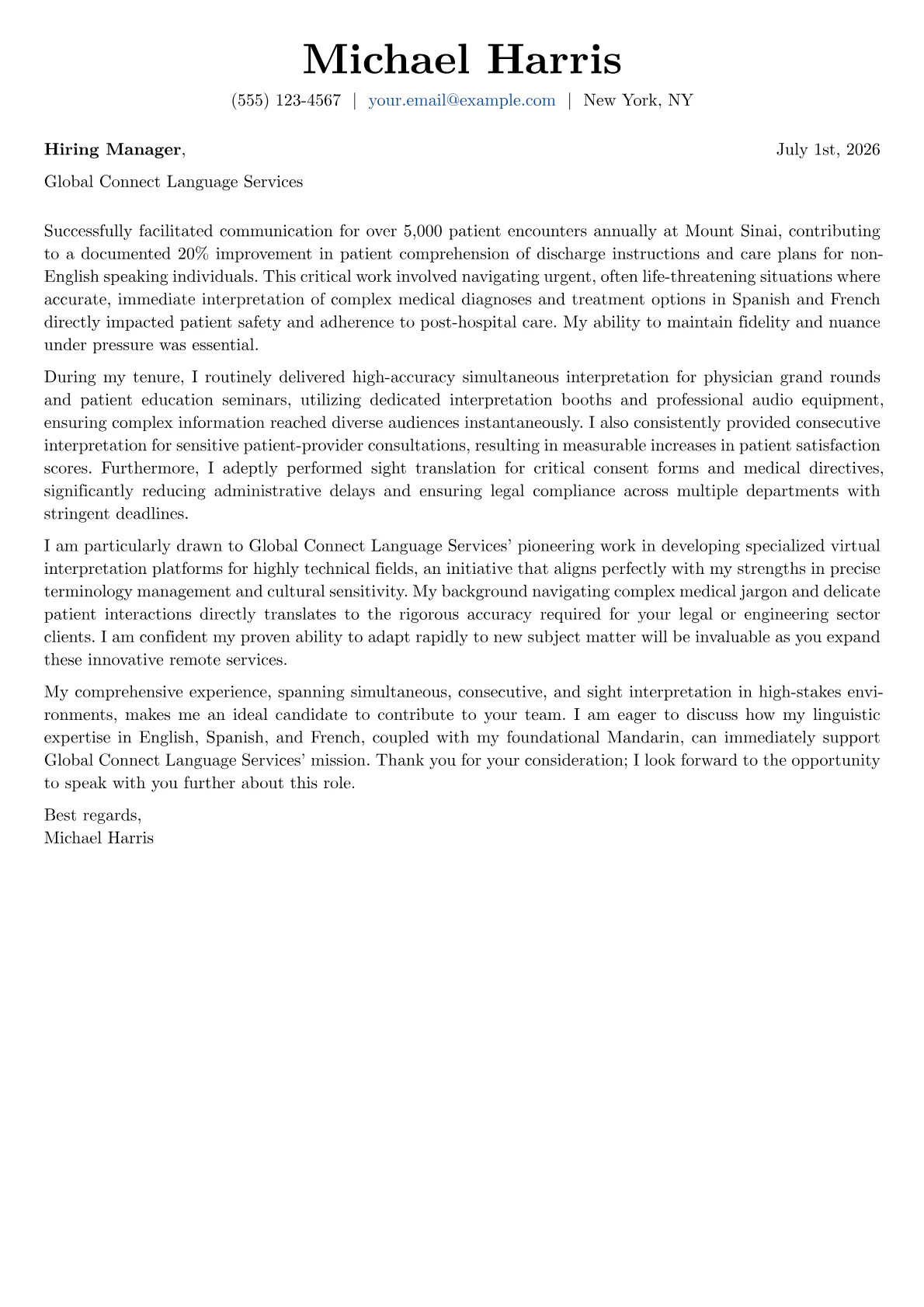 Interpreter cover letter formatted with a JobSprout template