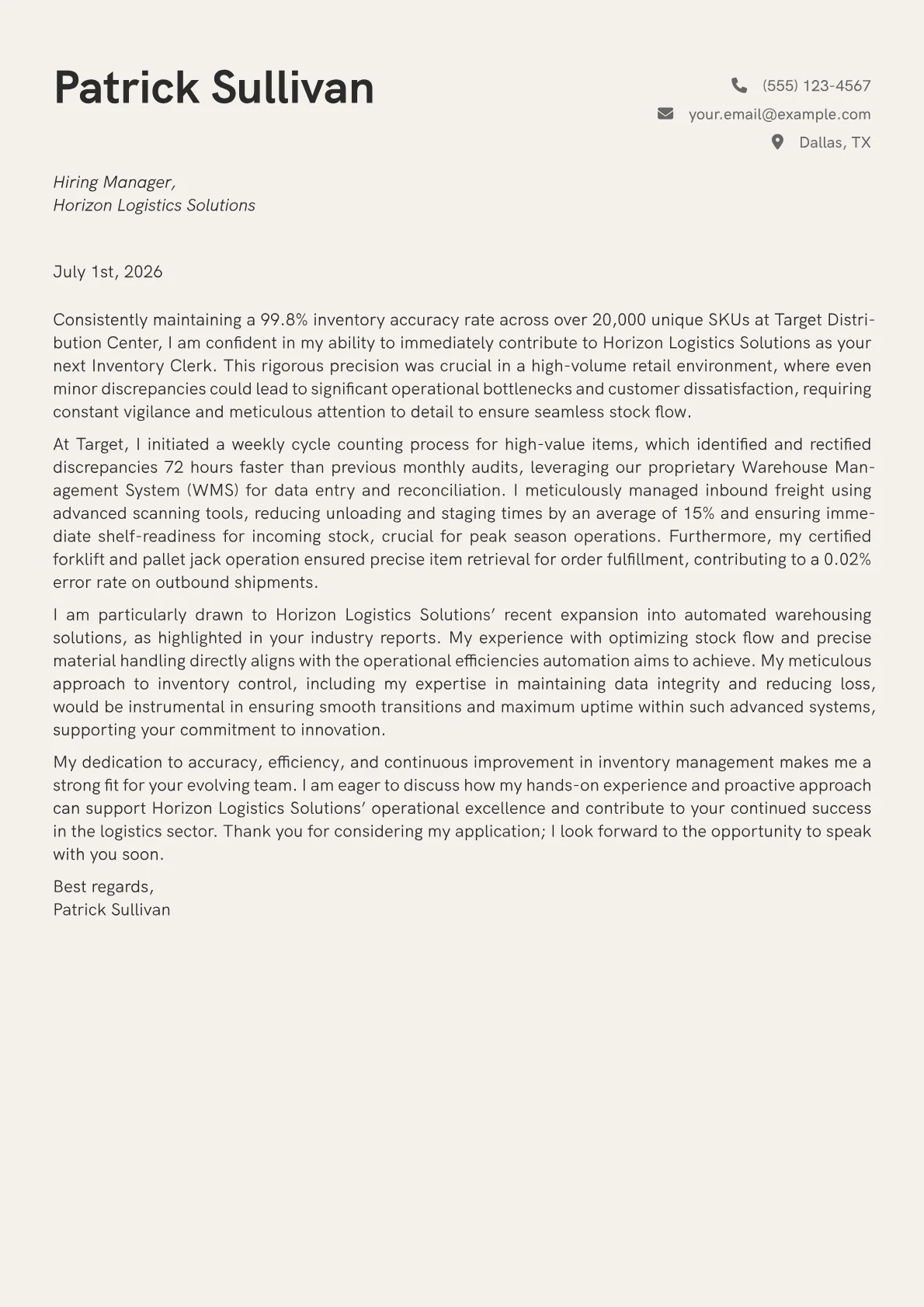 Inventory Clerk cover letter formatted with a JobSprout template