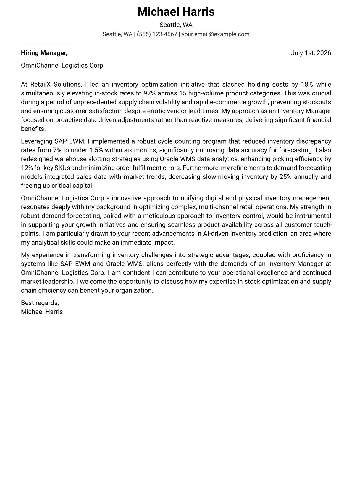Inventory Manager cover letter formatted with a JobSprout template
