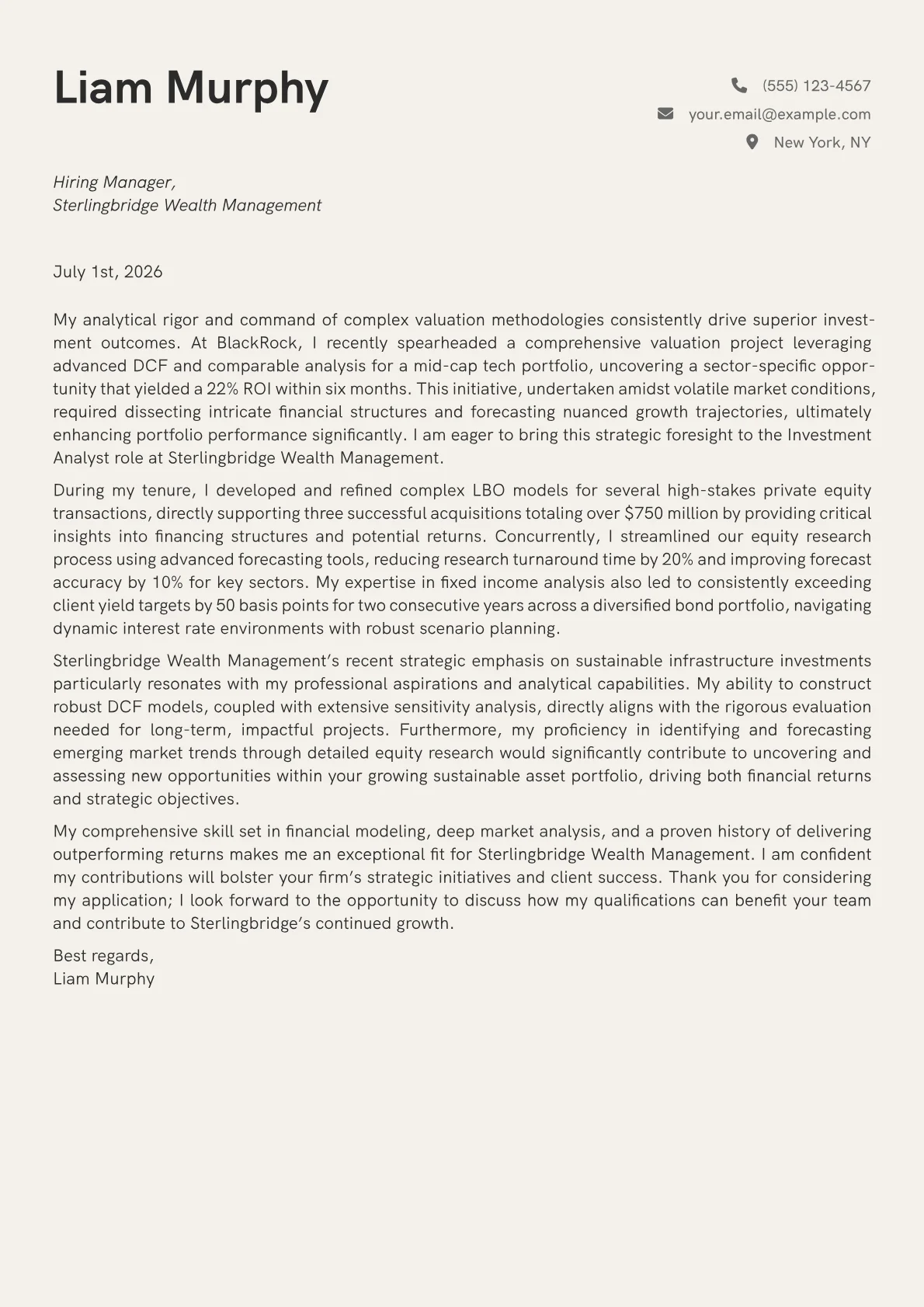 Investment Analyst cover letter formatted with a JobSprout template