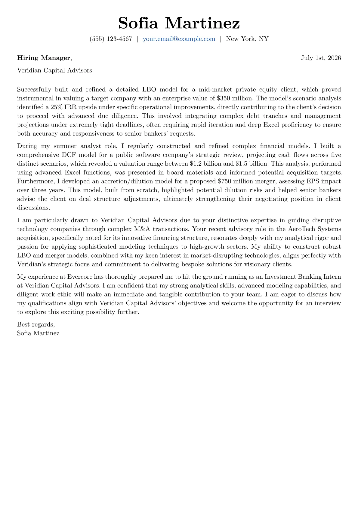 Investment Banking Intern cover letter formatted with a JobSprout template