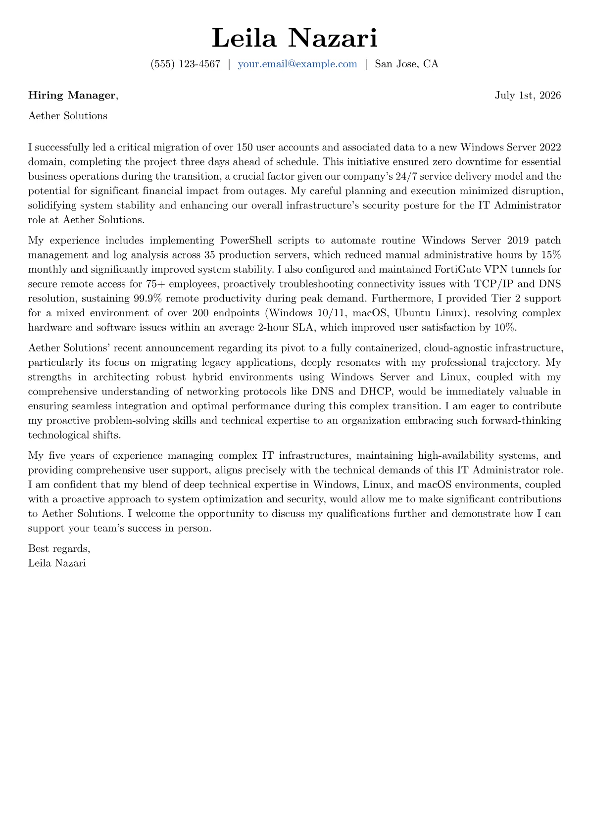 IT Administrator cover letter formatted with a JobSprout template