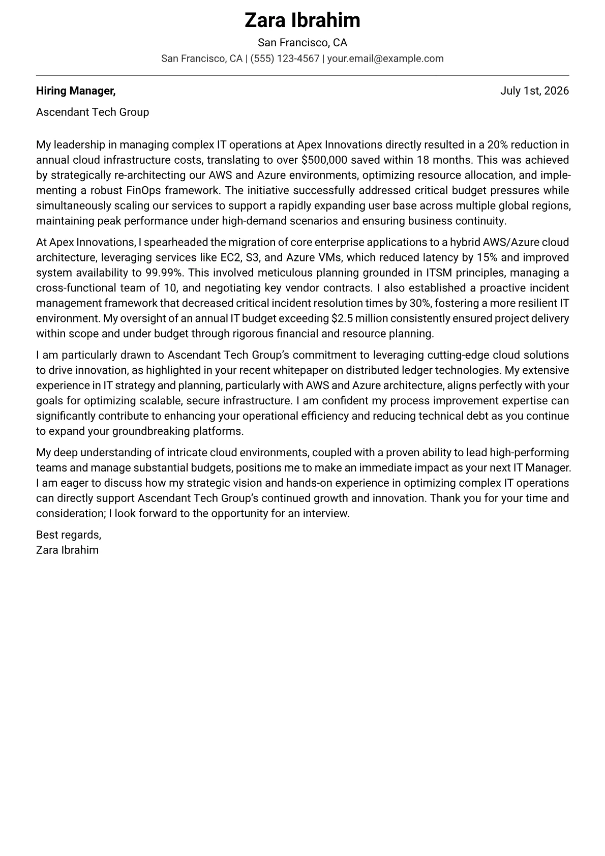 IT Manager cover letter formatted with a JobSprout template