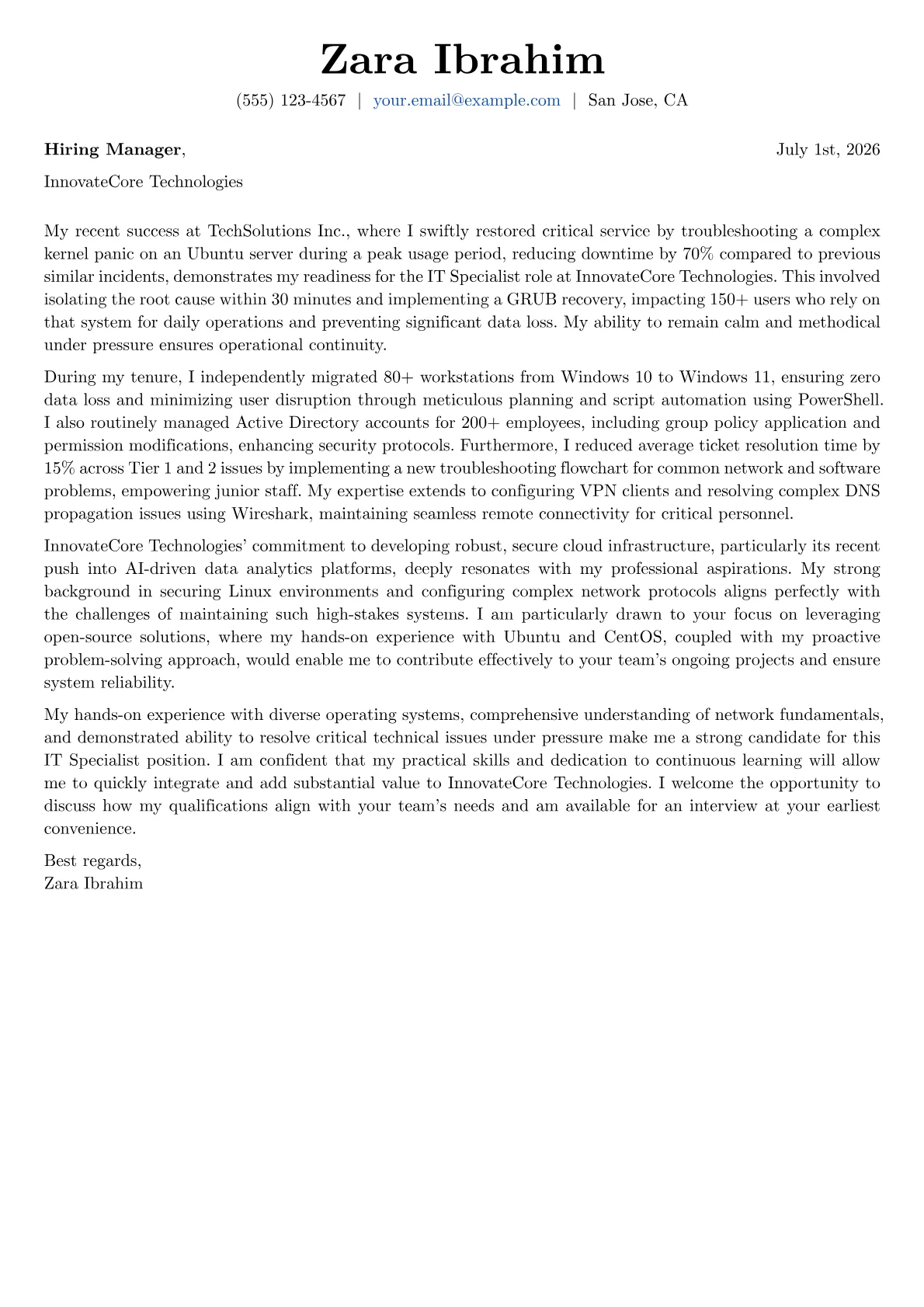 IT Specialist cover letter formatted with a JobSprout template
