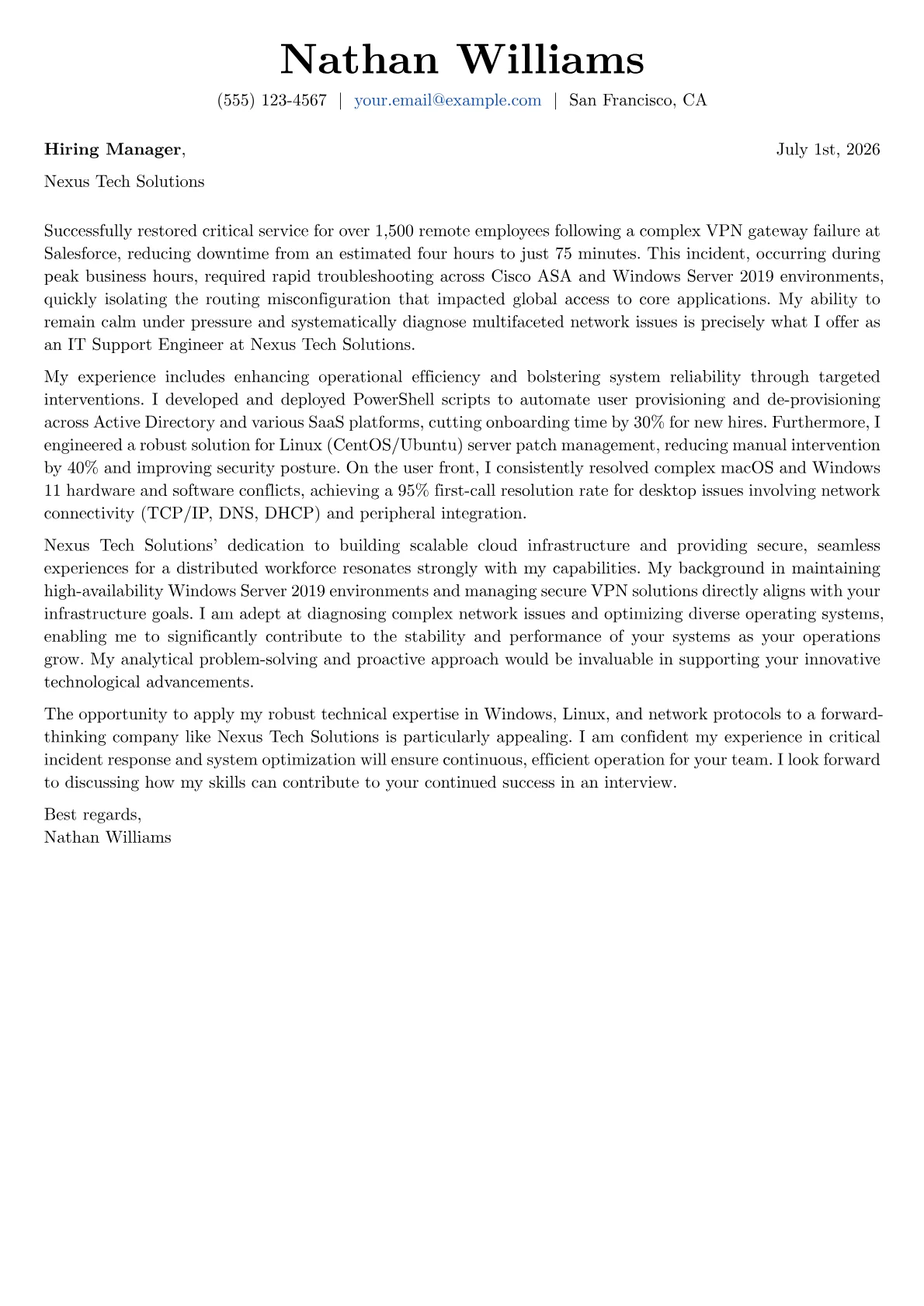 IT Support Engineer cover letter formatted with a JobSprout template