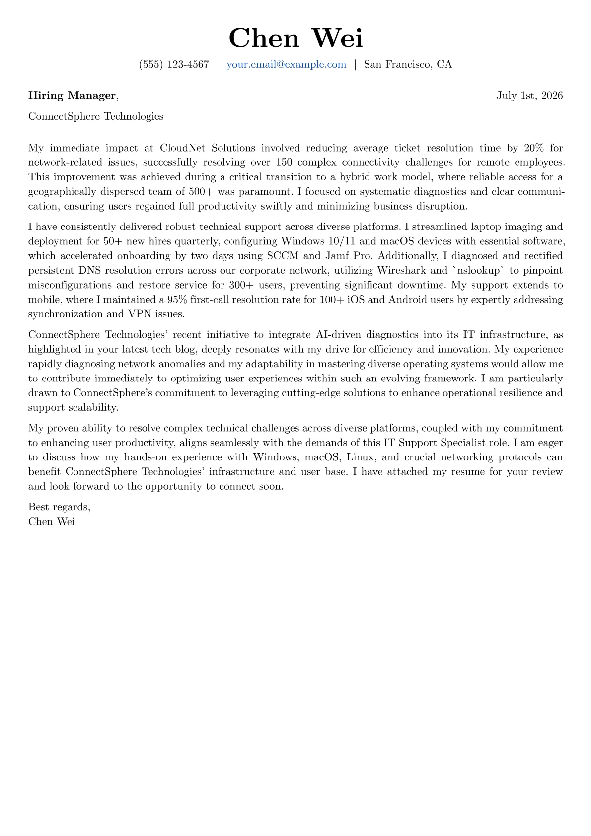 IT Support Specialist cover letter formatted with a JobSprout template