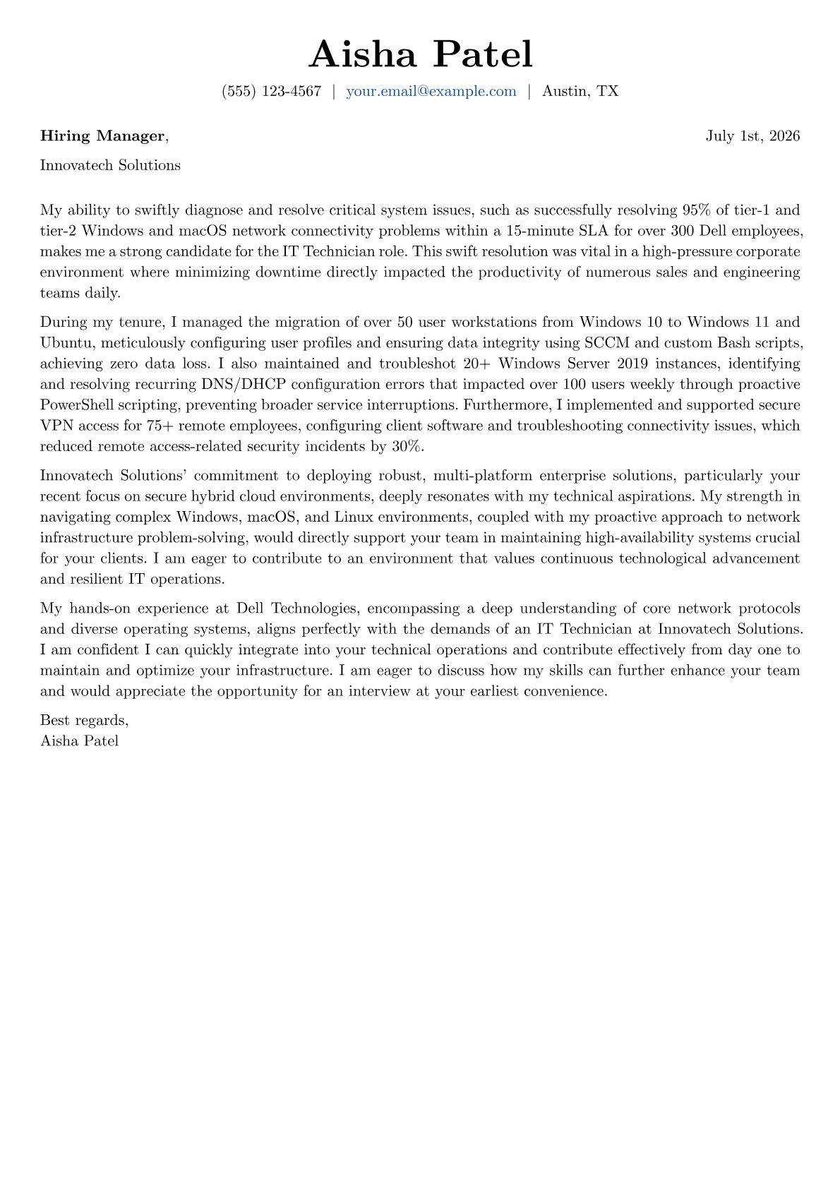 IT Technician cover letter formatted with a JobSprout template