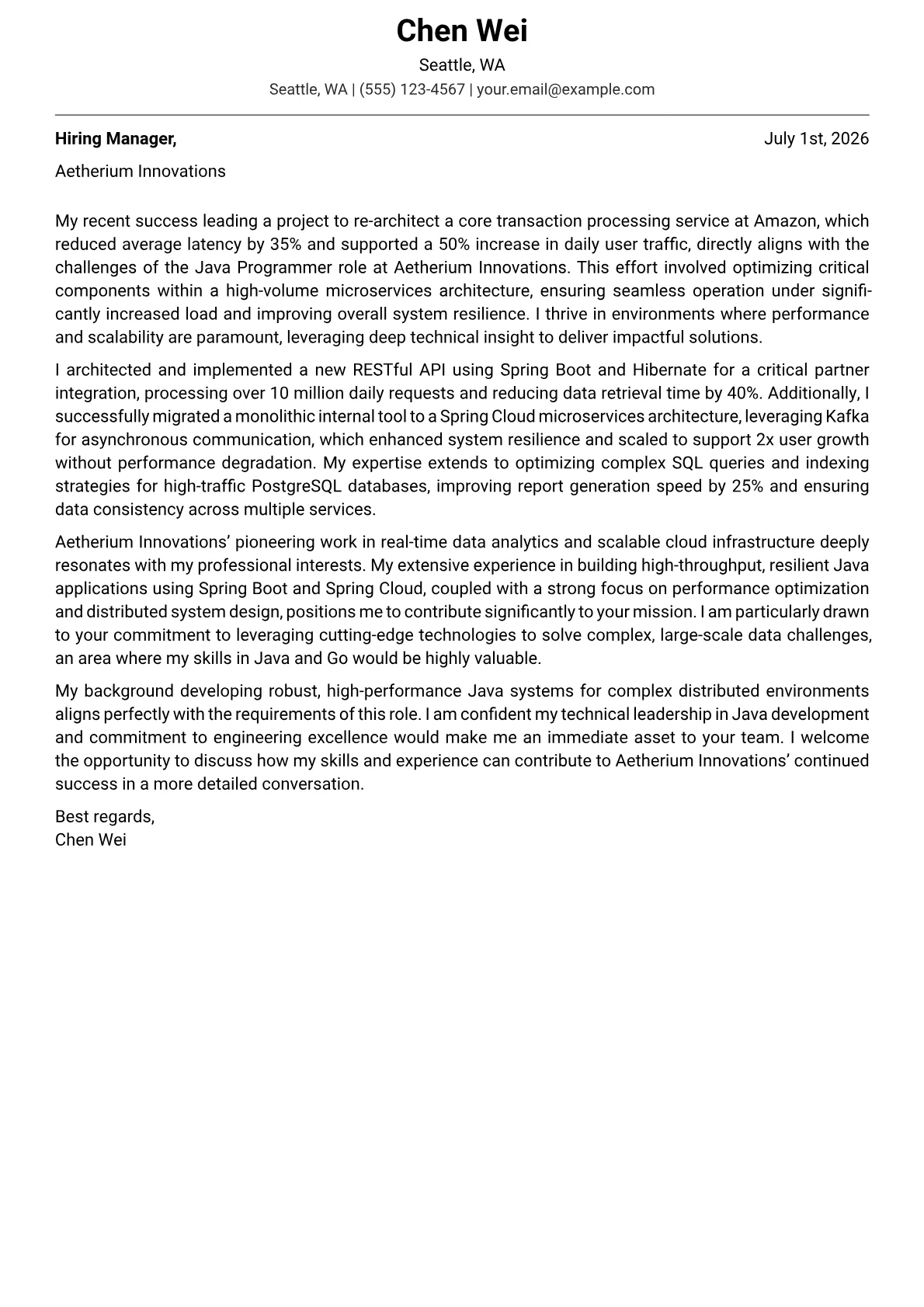 Java Programmer cover letter formatted with a JobSprout template