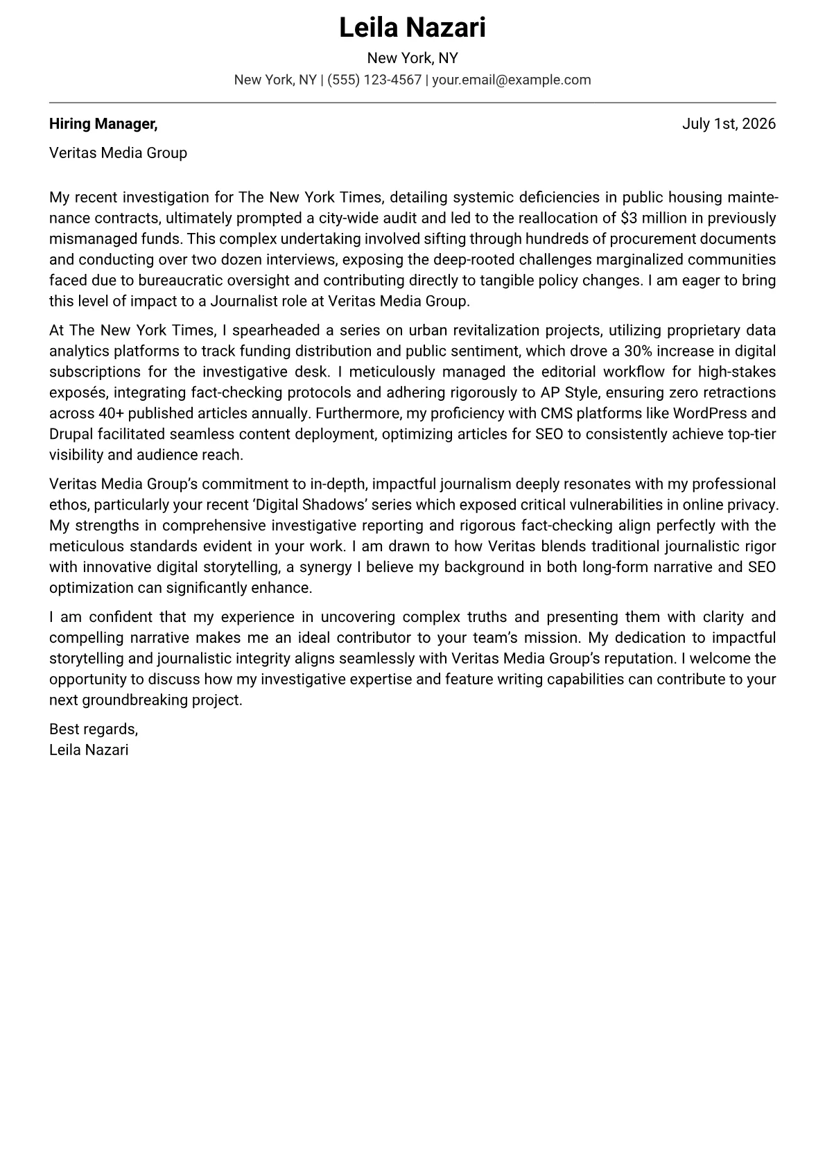Journalist cover letter formatted with a JobSprout template