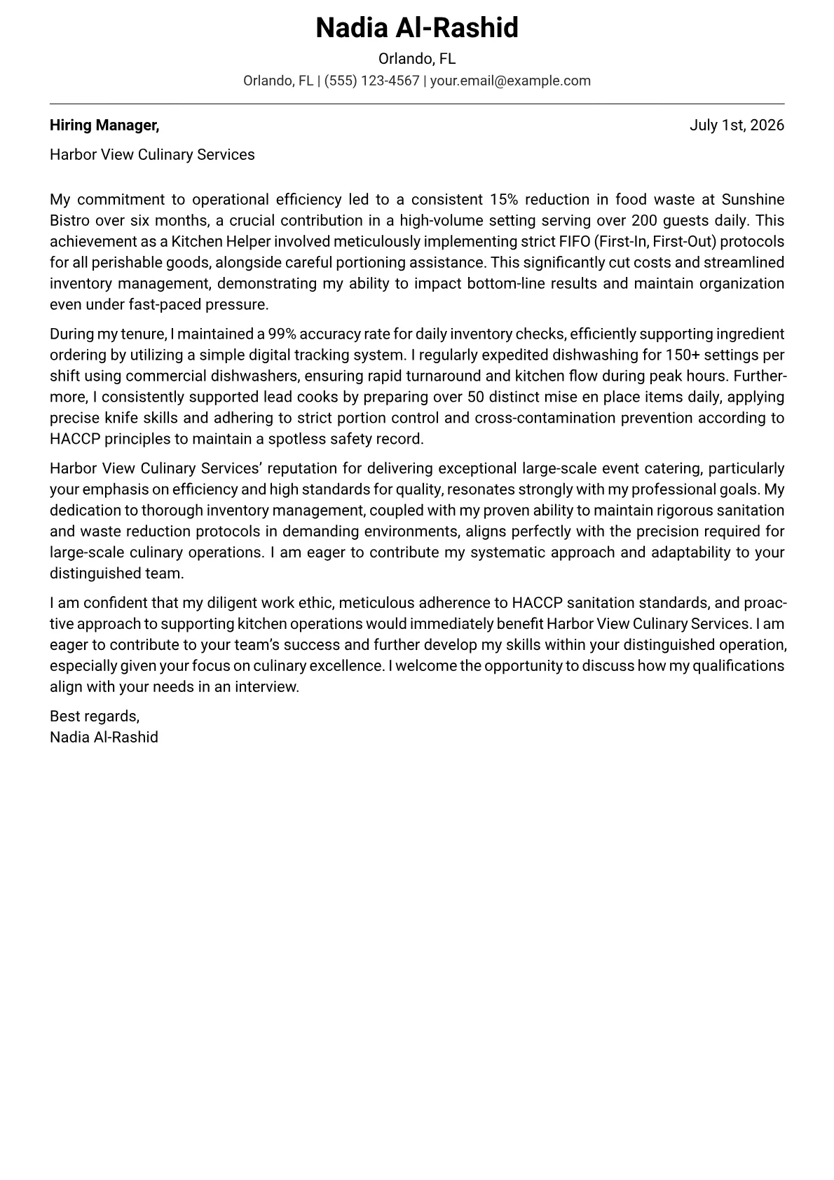 Kitchen Helper cover letter formatted with a JobSprout template
