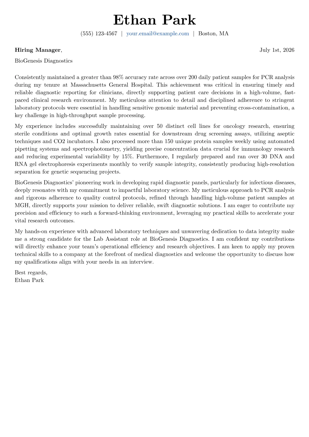 Lab Assistant cover letter formatted with a JobSprout template