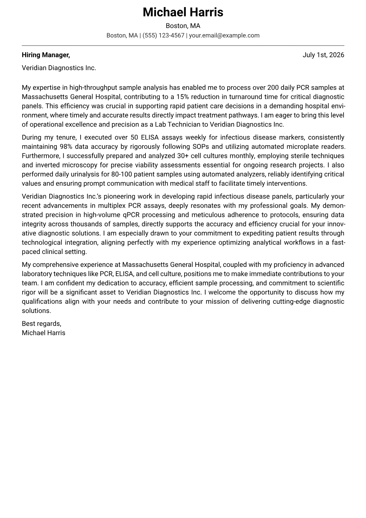 Lab Technician cover letter formatted with a JobSprout template