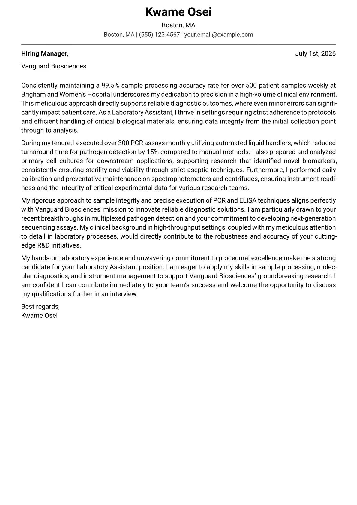 Laboratory Assistant cover letter formatted with a JobSprout template