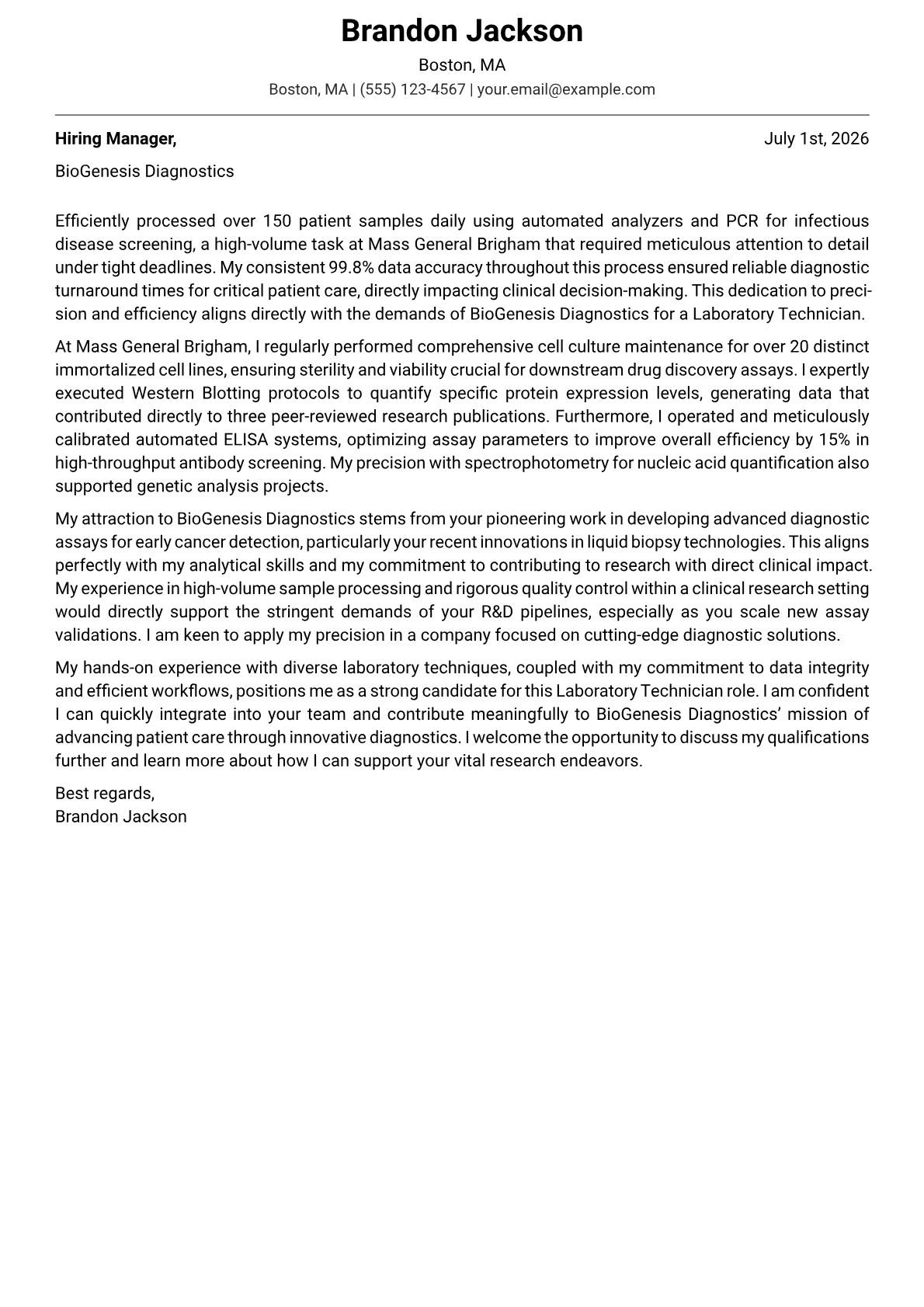 Laboratory Technician cover letter formatted with a JobSprout template