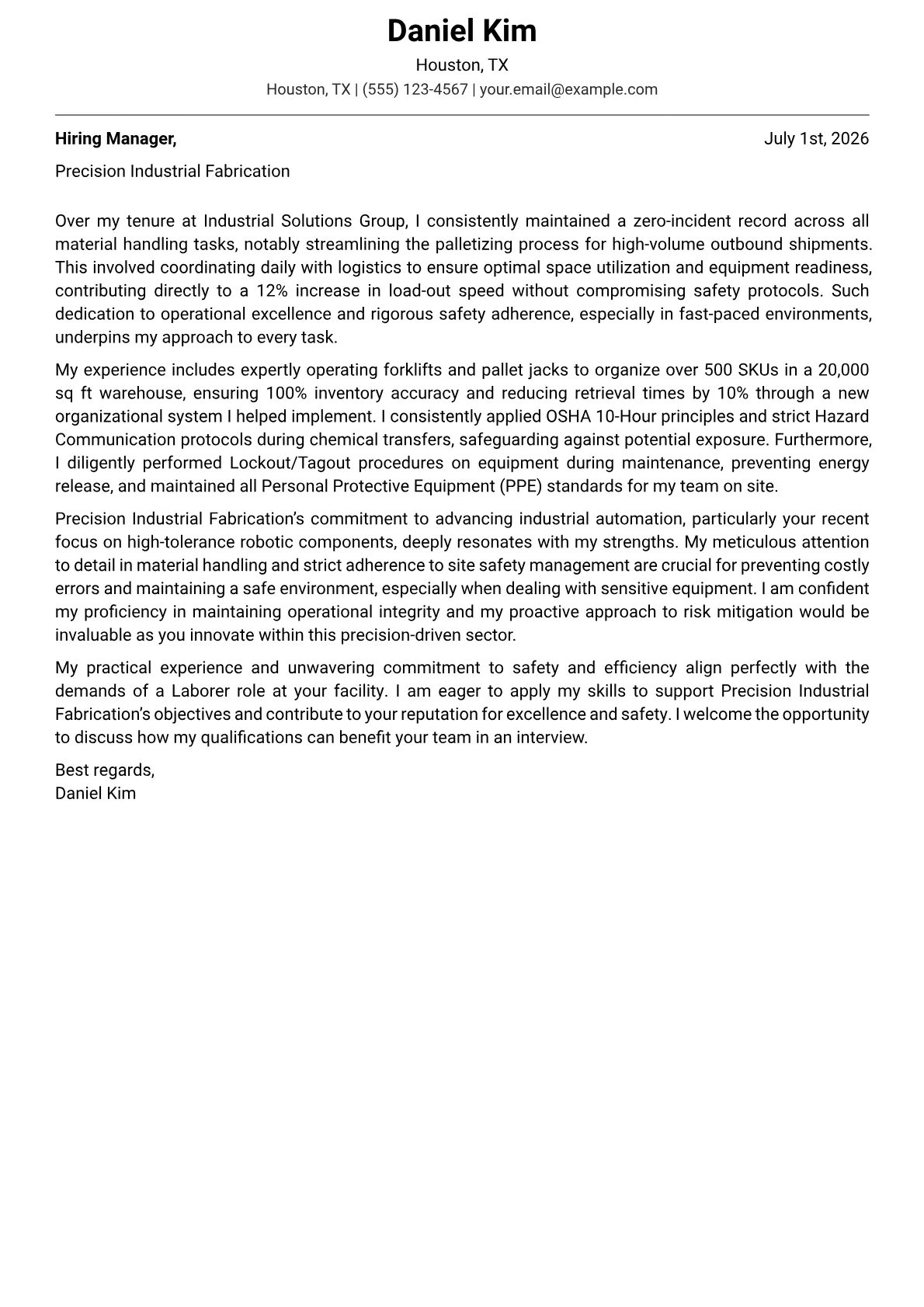 Laborer cover letter formatted with a JobSprout template