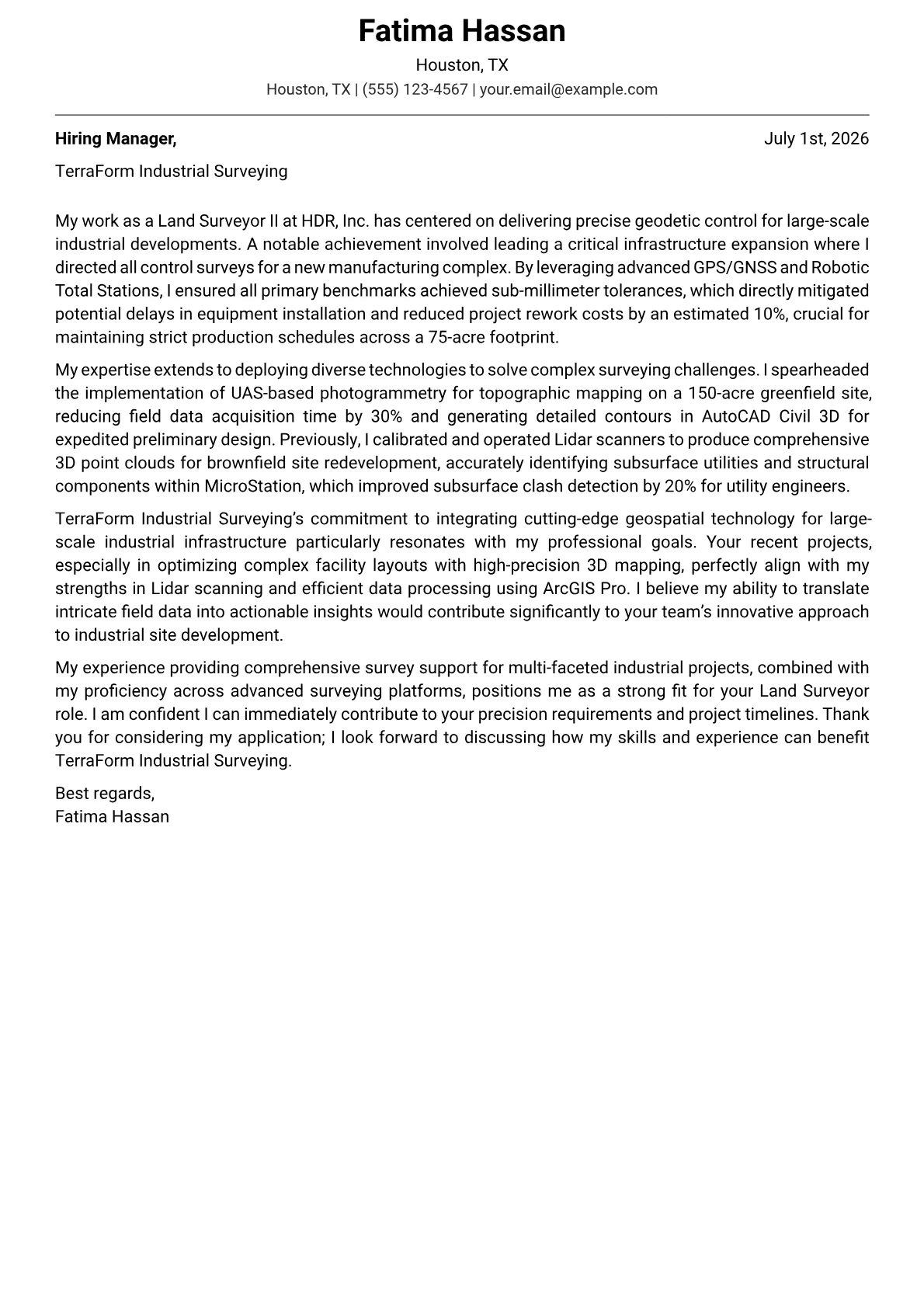 Land Surveyor cover letter formatted with a JobSprout template