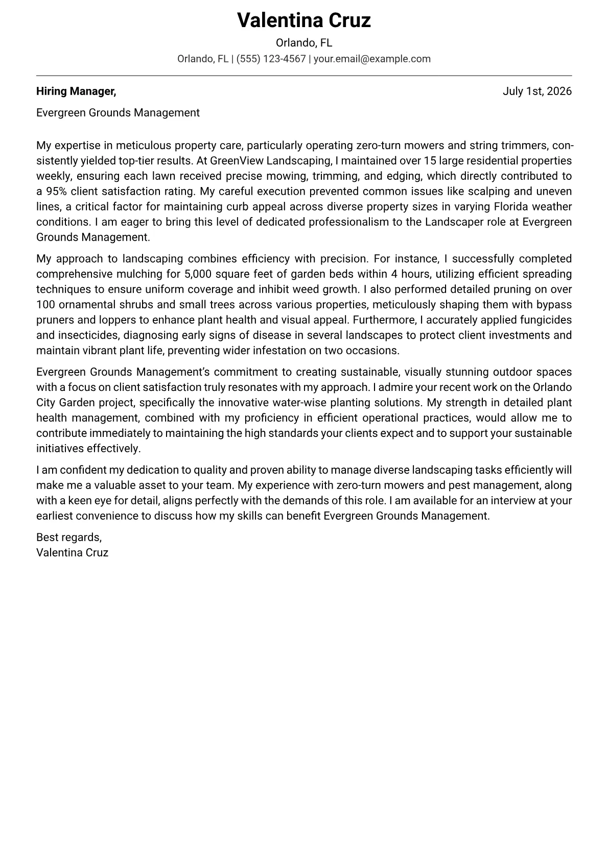 Landscaper cover letter formatted with a JobSprout template