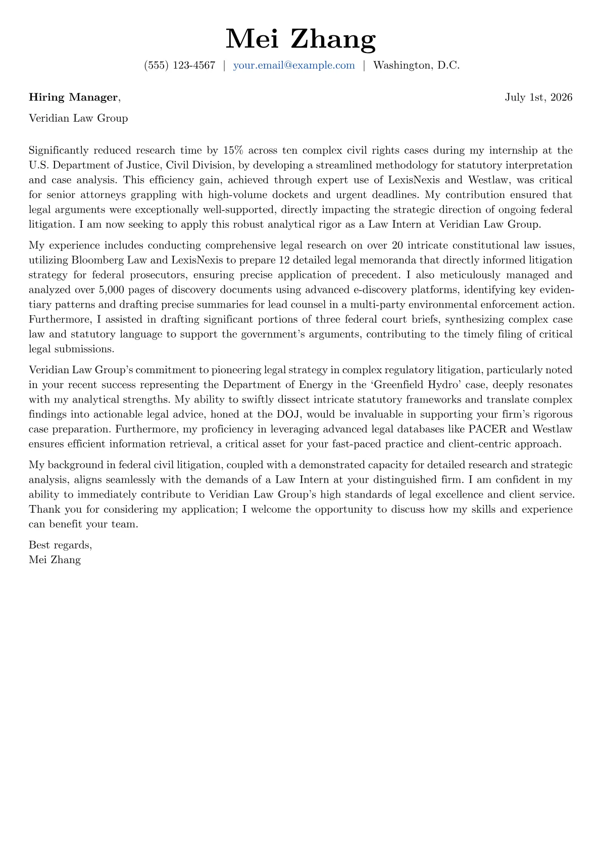 Law Intern cover letter formatted with a JobSprout template