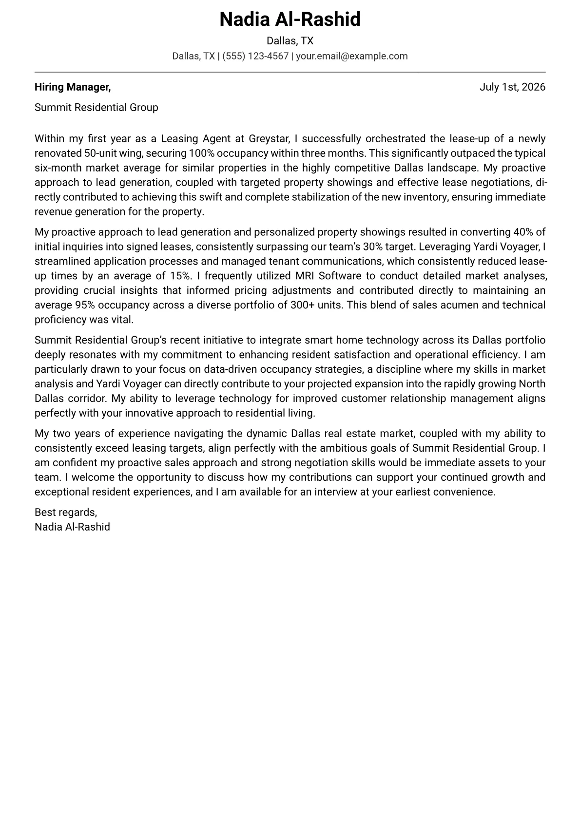 Leasing Agent cover letter formatted with a JobSprout template