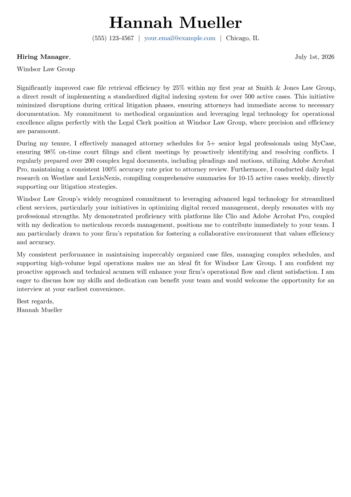 Legal Clerk cover letter formatted with a JobSprout template
