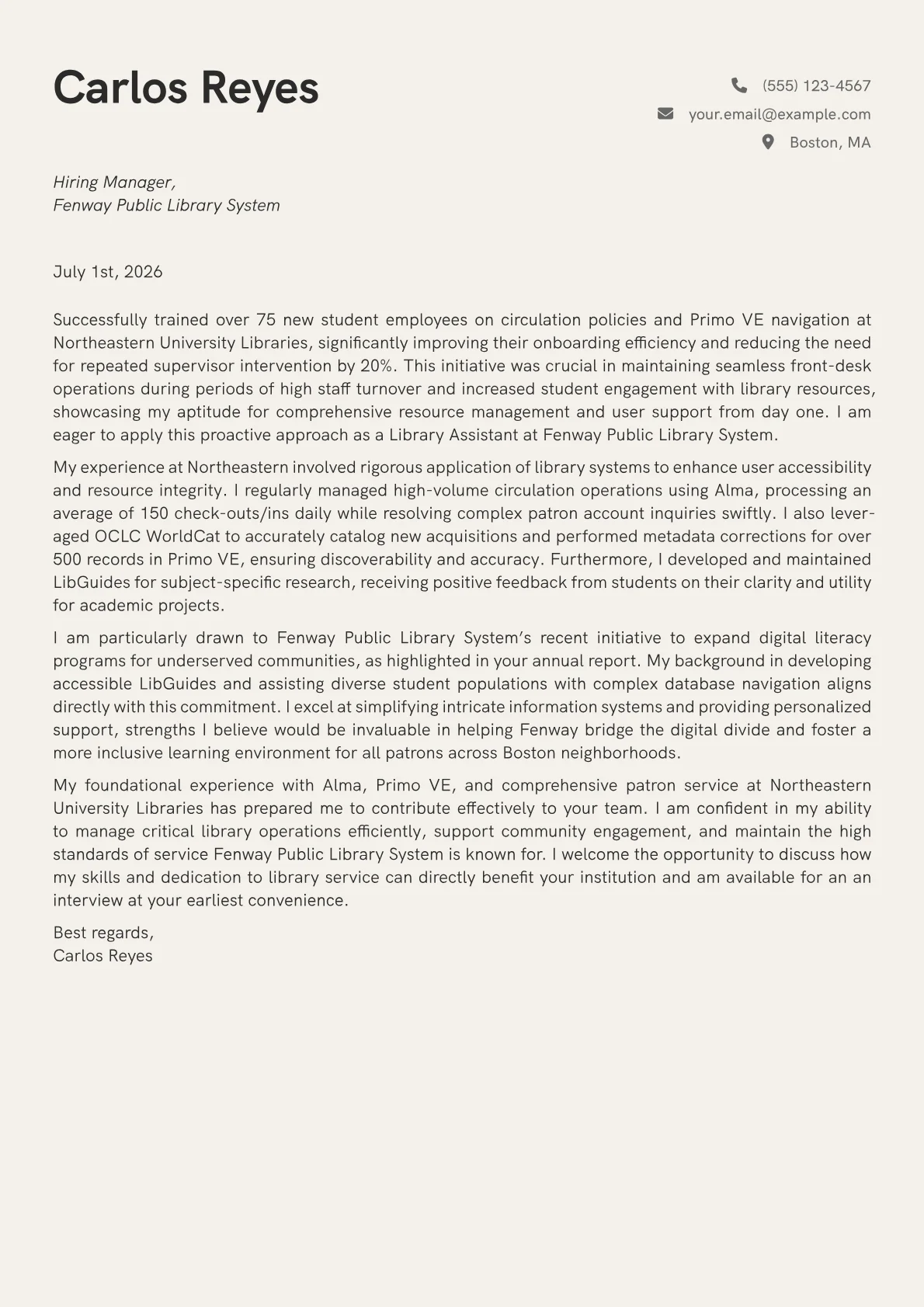 Library Assistant cover letter formatted with a JobSprout template