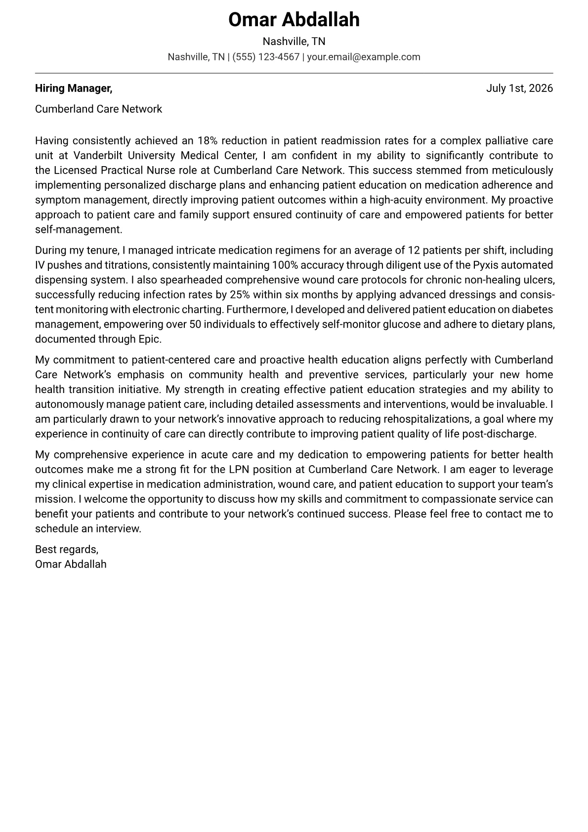 Licensed Practical Nurse cover letter formatted with a JobSprout template