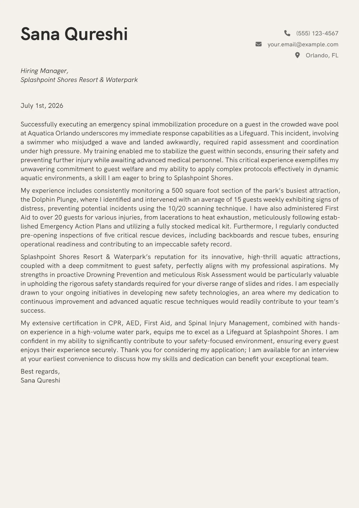 Lifeguard cover letter formatted with a JobSprout template