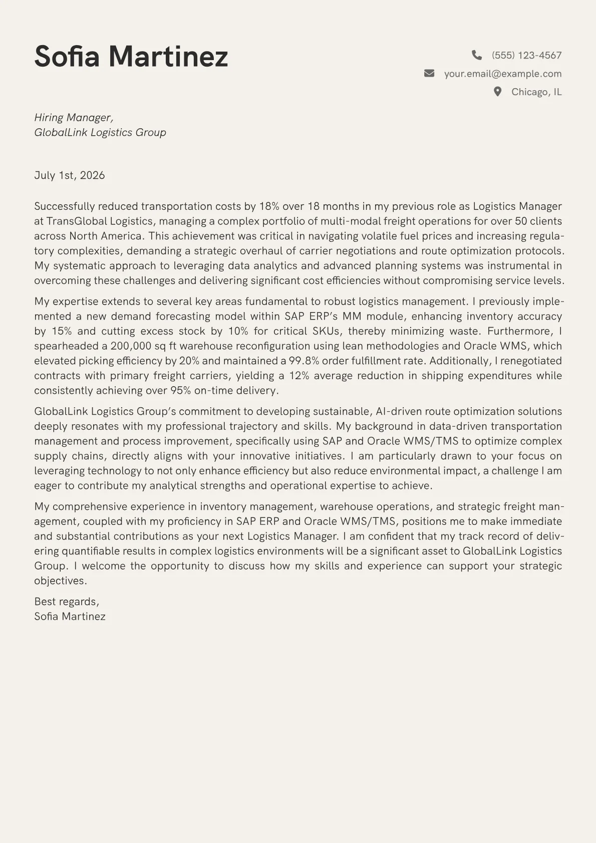 Logistics Manager cover letter formatted with a JobSprout template