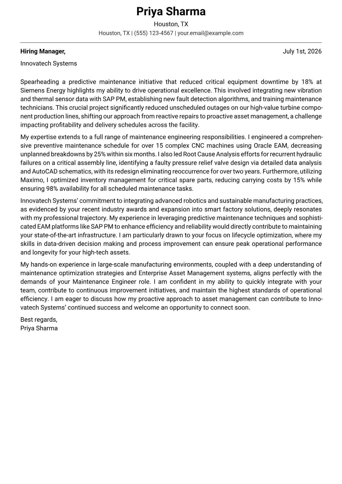 Maintenance Engineer cover letter formatted with a JobSprout template