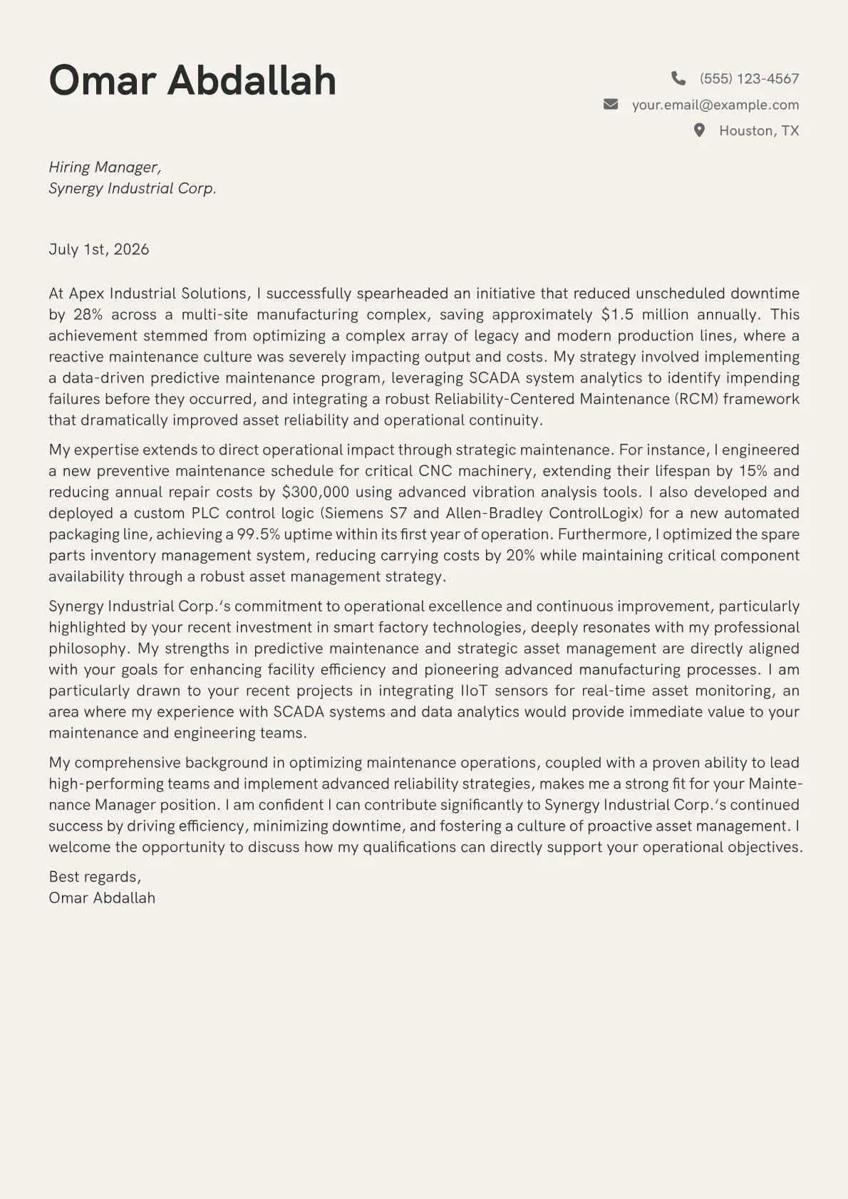 Maintenance Manager cover letter formatted with a JobSprout template