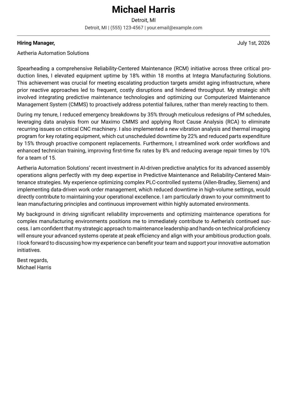 Maintenance Supervisor cover letter formatted with a JobSprout template