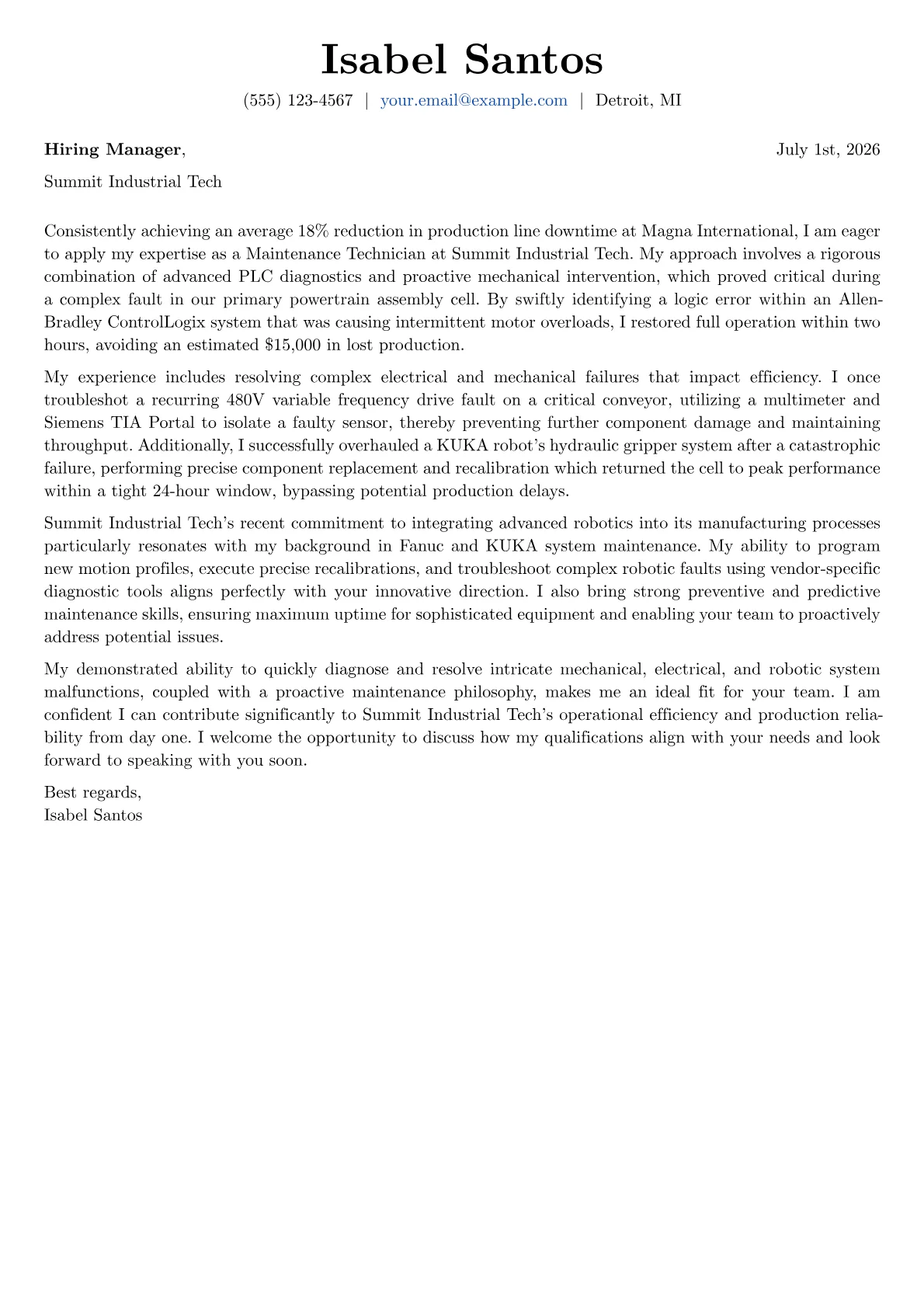 Maintenance Technician cover letter formatted with a JobSprout template